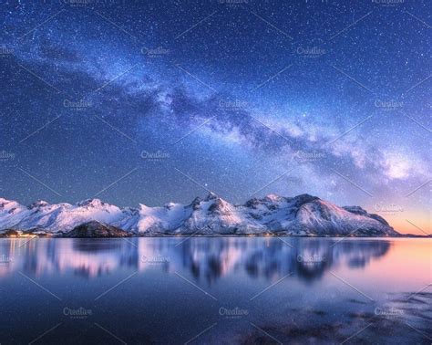 Milky Way Over Snow Covered Mountain Night Landscape