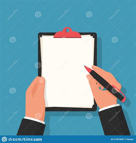Businessman Holds A Clipboard With White Blank Sheets In Hands Stock
