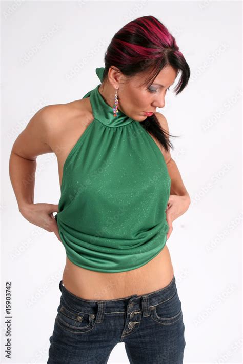 Pretty Hispanic Woman Pulling Up Her Shirt Stock Photo Adobe Stock