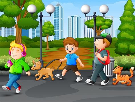 Niños Felices Caminando Y Disfrutando En El Parque Vector Premium