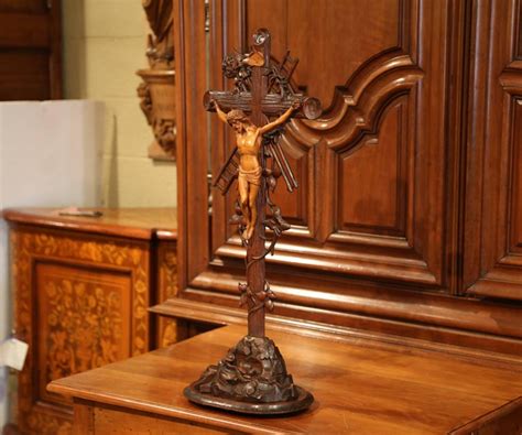 Tall 19th Century French Black Forest Carved Walnut Crucifix With Jesus