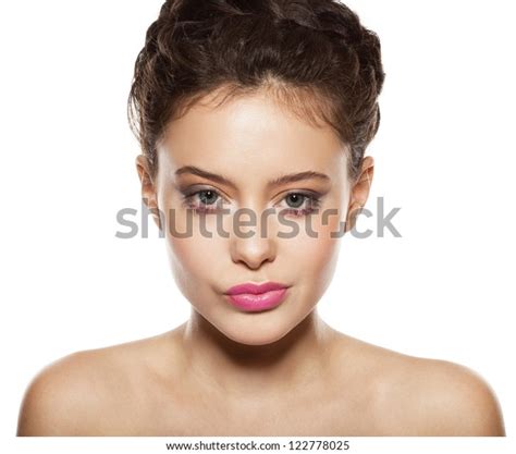Beautiful Female Face With Natural Makeup On White Background