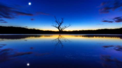Blue Landscape A Tree Reflecting River Sunset Moon Landscape