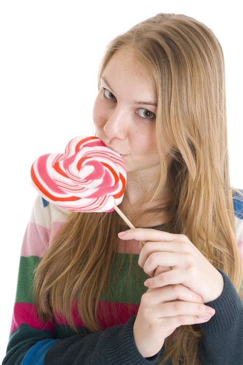 The Girl With A Sugar Candy Isolated On A White Stock Image Image Of