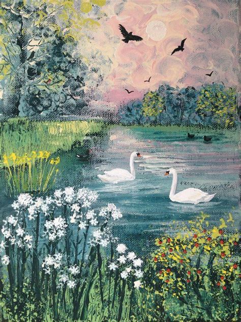 Mounted Print Of English Landscape With River And Swans From Etsy
