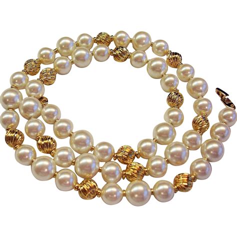 Napier Faux Pearl Necklace With Gold Tone Beads Vintage 1988 31