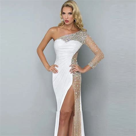 sexy high split white long sleeve prom dresses 2015 one shoulder beaded chiffon party evening