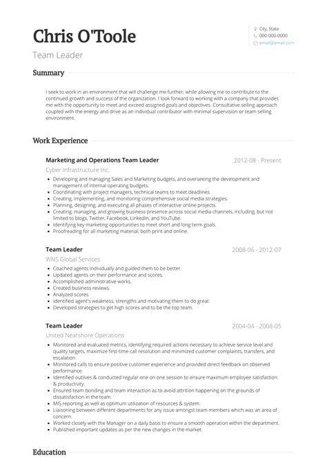 This cv or résumé template is perfect for applying for a whole host of professional positions from business and accounting through to nursing, pharmaceutical and creative. Team Leader - Resume Samples and Templates | VisualCV