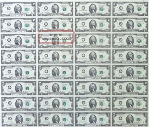 2009 2 Uncut Sheet 32 Subject Two Dollar Bills United States Currency