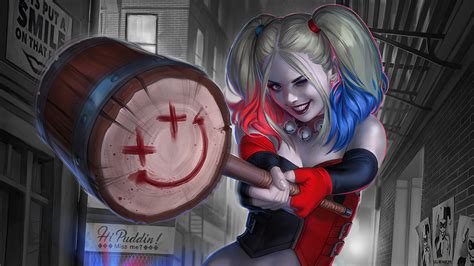 Harley Quinn Is Having Hammer And Hair With Blue And Red Colors 4k Hd