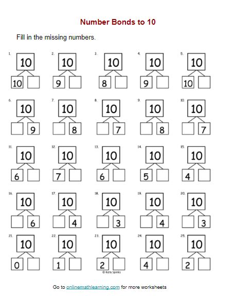 Number Bonds To 10 Worksheets First Grade Printable