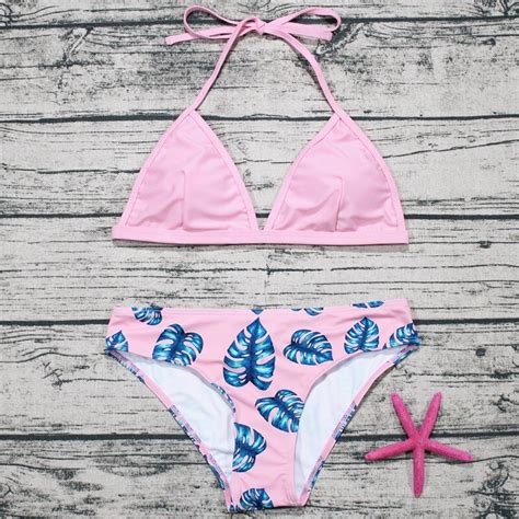 2017 Pink Printed Bandage Bikini Set Sexy Swimwear Women Summer Padded Bathing Suit Push Up