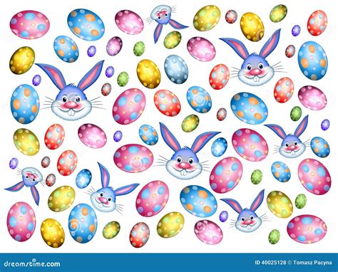 Easter Bunnies With Colorful Eggs And Flowers Isolated Stock