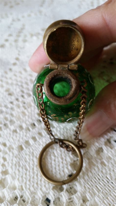 Antique Brass Enamel Green Glass Perfume Bottle Chatelaine Etsy
