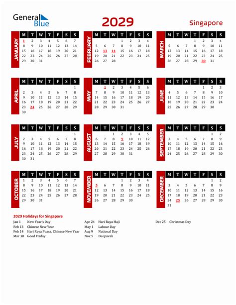 2029 Singapore Calendar With Holidays
