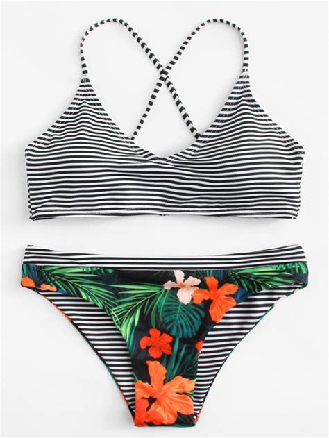 Flower Print Striped Bikini Set SheIn Sheinside Bikinis Swimsuits Striped Bikini Sets