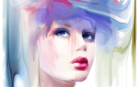 Wallpaper Face Women Anime Artwork Blue Hair Mouth Nose Pink Watercolor Skin Head