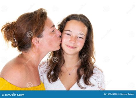 Portrait Closeup Two Caucasian Lovely Women Adult Mother Kissing On Cheek Her Teenage Babe