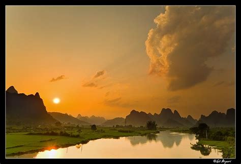Sunset Over The Li River Guangxi Province China Sunset Sun And