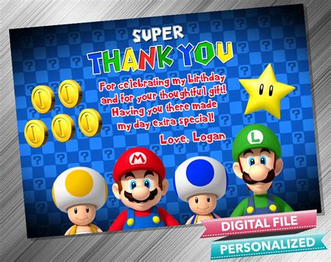 Super Mario Birthday Thank You Card Super Mario Birthday Party Birthday Thank You Cards