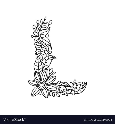 Bamboo and flowers advanced coloring page. Letter L coloring book for adults Royalty Free Vector Image