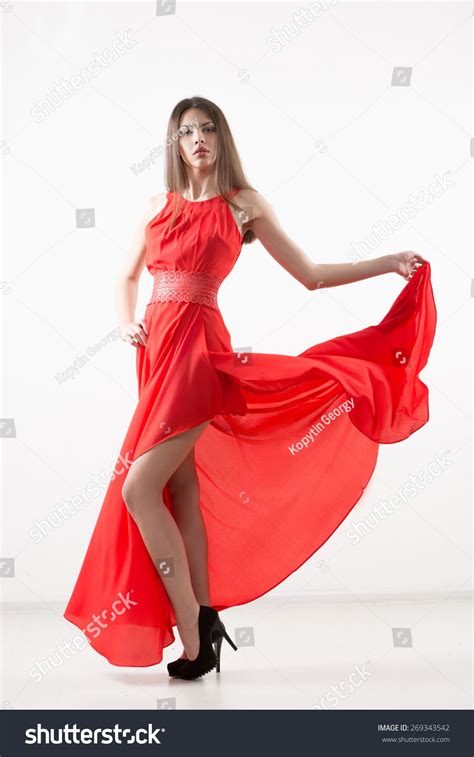 Young Beauty Woman Fluttering Red Dress Stock Photo 269343542