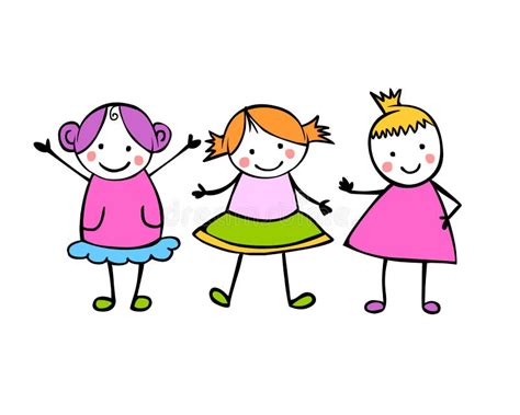 Três Meninas Amigos Povos No Estilo Do ` S Das Crianças Ilustração Do