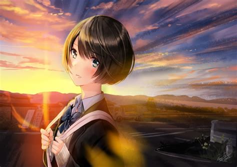 Wallpaper Anime School Girl Short Brown Hair Sunset Blushes