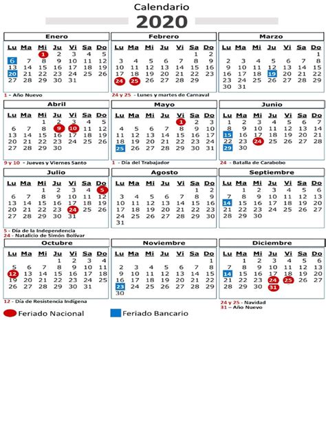 Calendario Feriado Y Bancario 2020 Mejorado