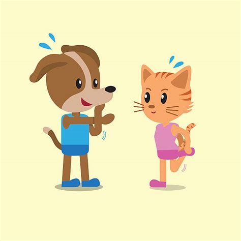 40 Cartoon Cat And Dog Doing Exercise Together Illustrations Royalty