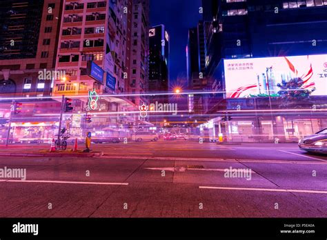 Hong Kong June 02 2018 Traffic Light Trails At Night In Wan Chai
