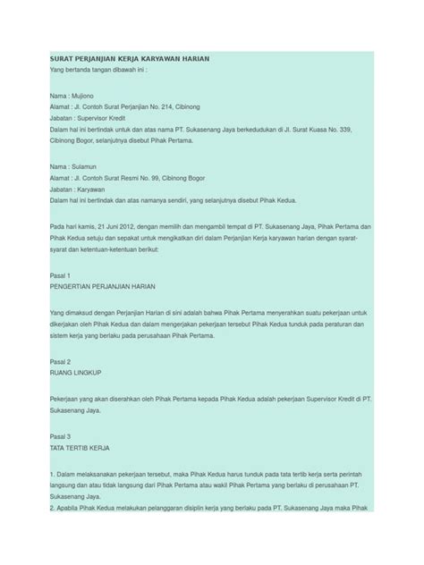 Contoh surat perjanjian kontrak karyawan harian. Contoh Surat Perjanjian Kerjasama Karyawan Dengan Perusahaan