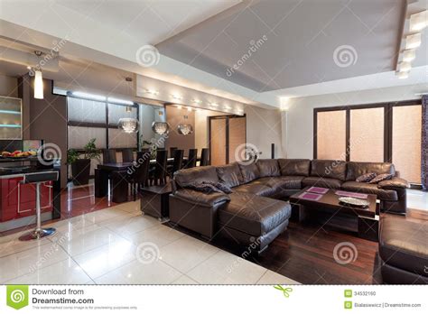 Spacious Living Room In A Luxury House Stock Photo Image Of Leather