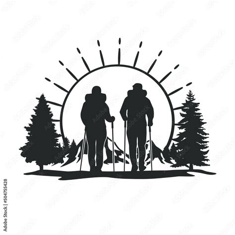 Hiking Couple Illustration Clip Art Design Shape Mountains Silhouette