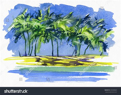 Untouched Tropical Beach Palm Trees Watercolor Stock