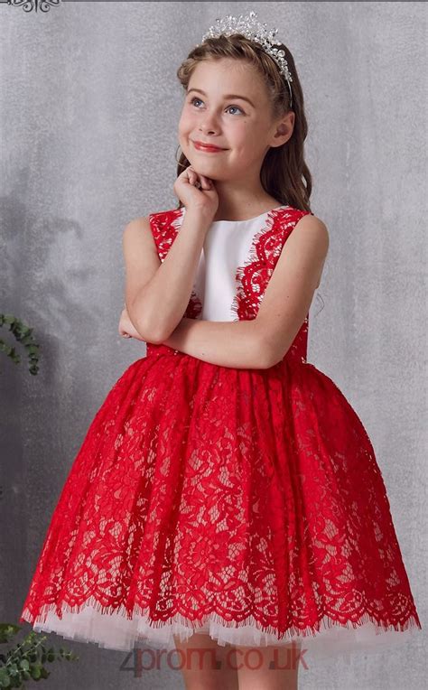 Red Lace Satin Jewel Sleeveless Mini Ball Gown Childrens Prom Dress