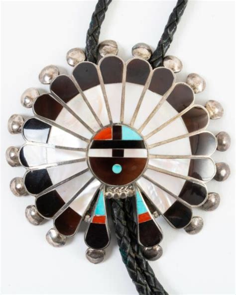 Large Zuni Sun Face Bolo Tie Silver With Inlaid Shell Stone 3 25