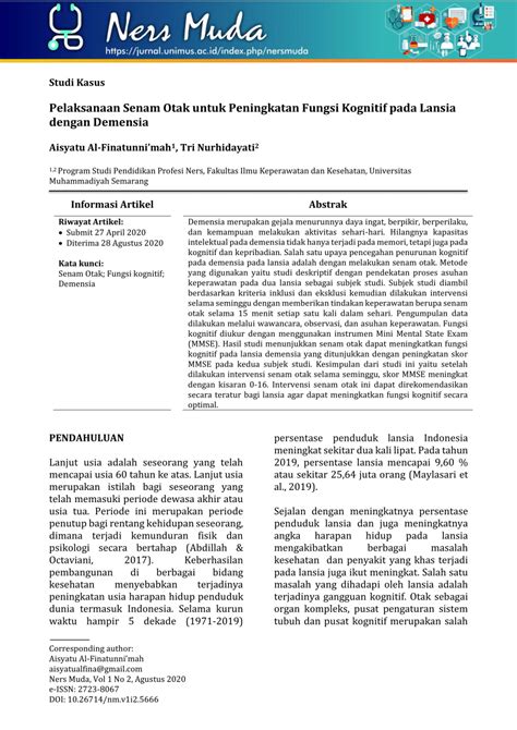 PDF Pelaksanaan Senam Otak Untuk Peningkatan Fungsi Kognitif Pada Lansia Dengan Demensia