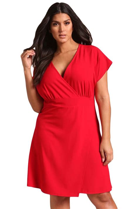 Red Deep V Surplice Flared Plus Size Dress Plus Size Mini Dresses