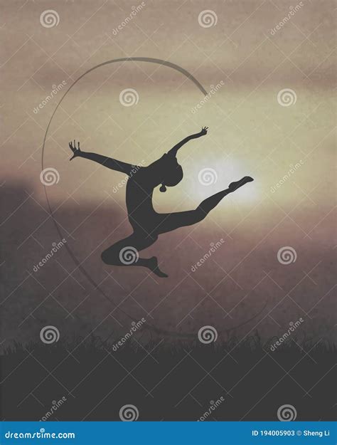 A Female Rhythmic Gymnast Under The Sunset Stock Vector Illustration