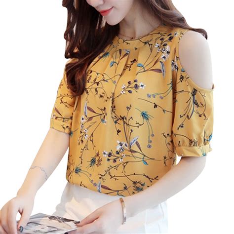 2018 Summer Cold Shoulder Chiffon Floral Printed Blouse Shirt Women Tops Elegant Plus Size ...