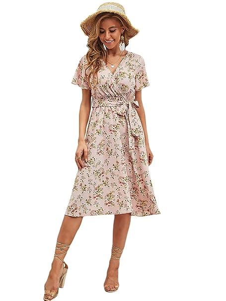 Buy Milumia Womens Floral Print V Neck Short Sleeve High Waist Belted