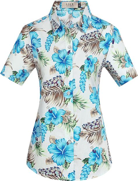 SSLR Damen Hawaii Bluse Hawaiihemd Baumwolle Freizeit Blumen D Gedruckt Lose Aloha Shirts