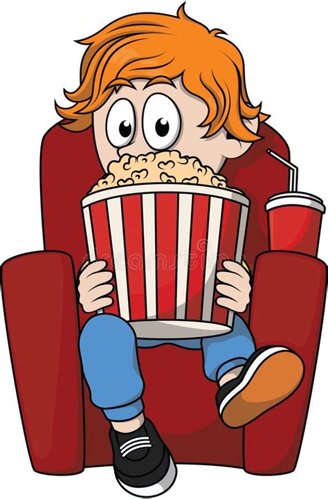 Boy Eat Popcorn In Cinema Color Illustration Stock Vector