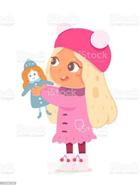 Adorable Girl Holding Doll Isolated Cute Kid In Pink Coat Warm Hat And