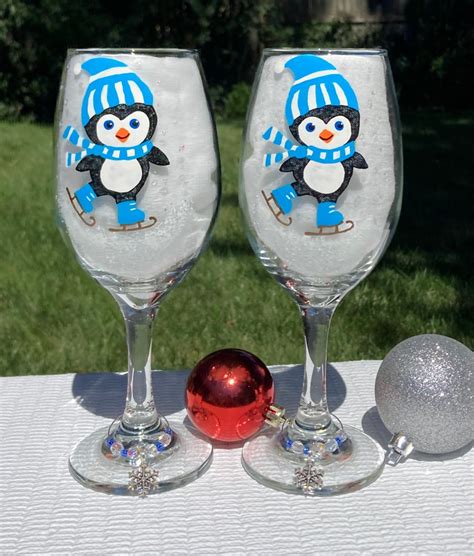 Christmas Wine Glasses Hand Painted Penguins On Skates Set Of Etsy