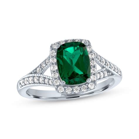 Cushion Cut Lab Created Emerald And White Lab Created Sapphire Ring