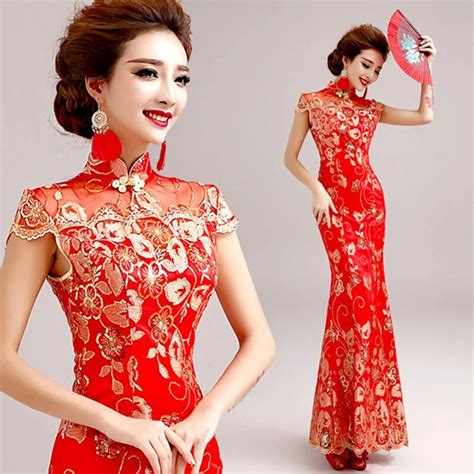 Fashion Red Lace Bride Wedding Qipao Long Cheongsam Chinese Traditional