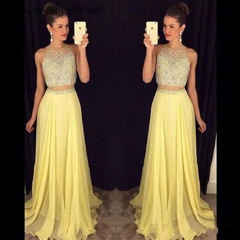 2016 Evening Dresses A Line Beaded Two Pieces Prom Dresses Yellow Formal Dresses Long Chiffon