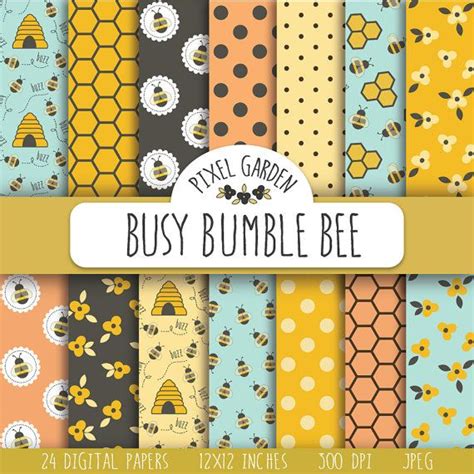 Bee Digital Paper Set With Patterns Of Bees Honeycomb Florals